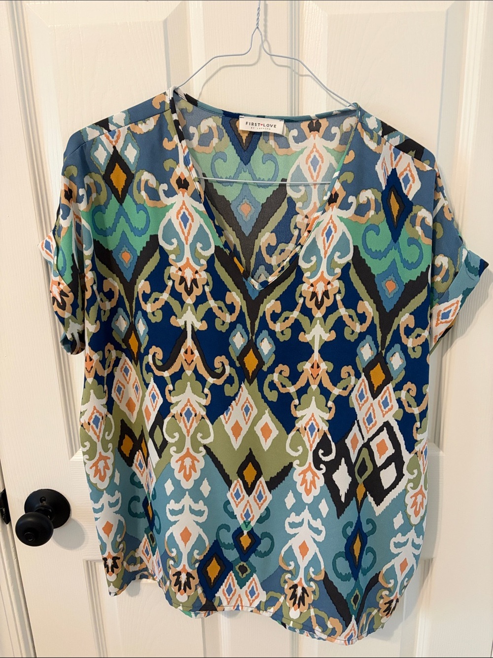 First Love Blue Multi Print V-Neck Relaxed Women's Top